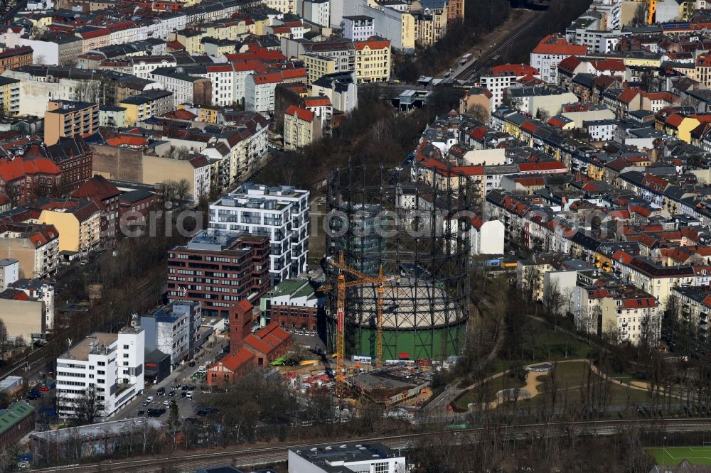 Aerial image Berlin - Construction site to build a new multi-family residential complex of EUREF AG on EUREF-Campus in the district Bezirk Tempelhof-Schoeneberg in Berlin