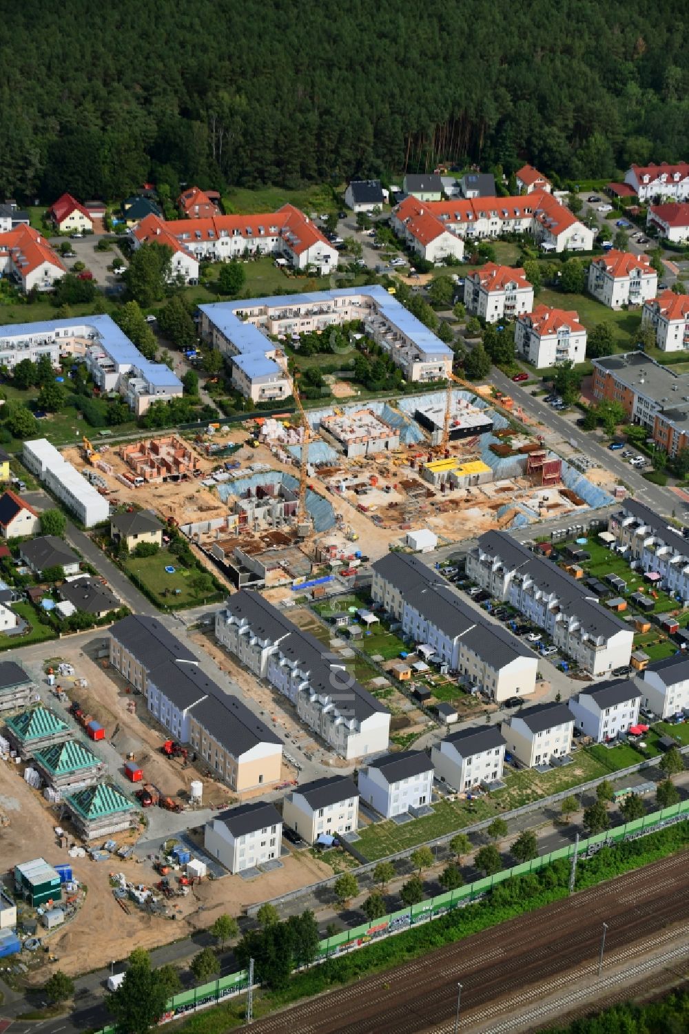 Michendorf from above - Construction site to build a new multi-family residential complex Falkenweg - Wieselweg - Hasenweg in Michendorf in the state Brandenburg, Germany