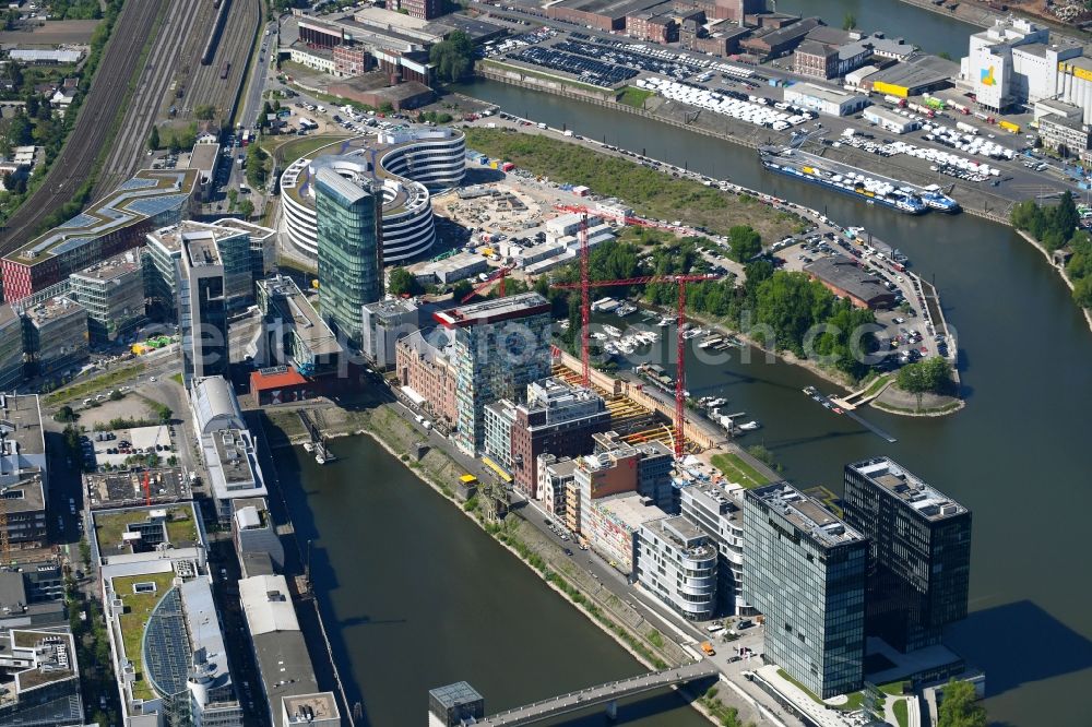 Aerial image Düsseldorf - Construction site to build a new multi-family residential complex of FRANKONIA Eurobau AG on Speditionstrasse in Duesseldorf in the state North Rhine-Westphalia, Germany