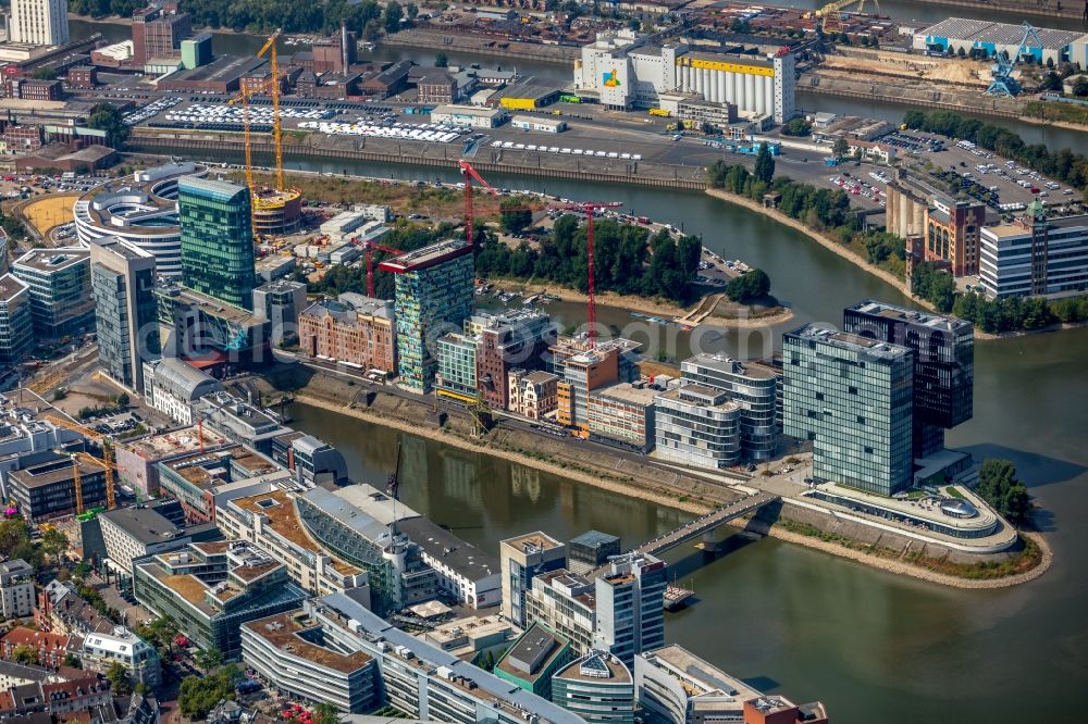 Düsseldorf from the bird's eye view: Construction site to build a new multi-family residential complex of FRANKONIA Eurobau AG on Speditionstrasse in Duesseldorf in the state North Rhine-Westphalia, Germany