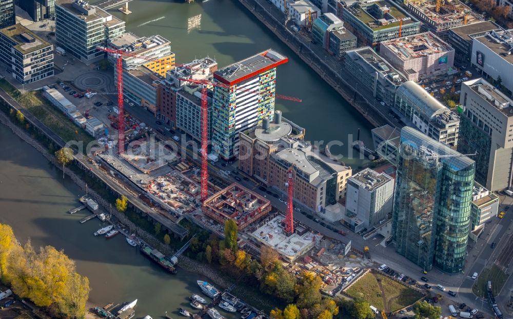 Düsseldorf from the bird's eye view: Construction site to build a new multi-family residential complex of FRANKONIA Eurobau AG on Speditionstrasse in Duesseldorf in the state North Rhine-Westphalia, Germany