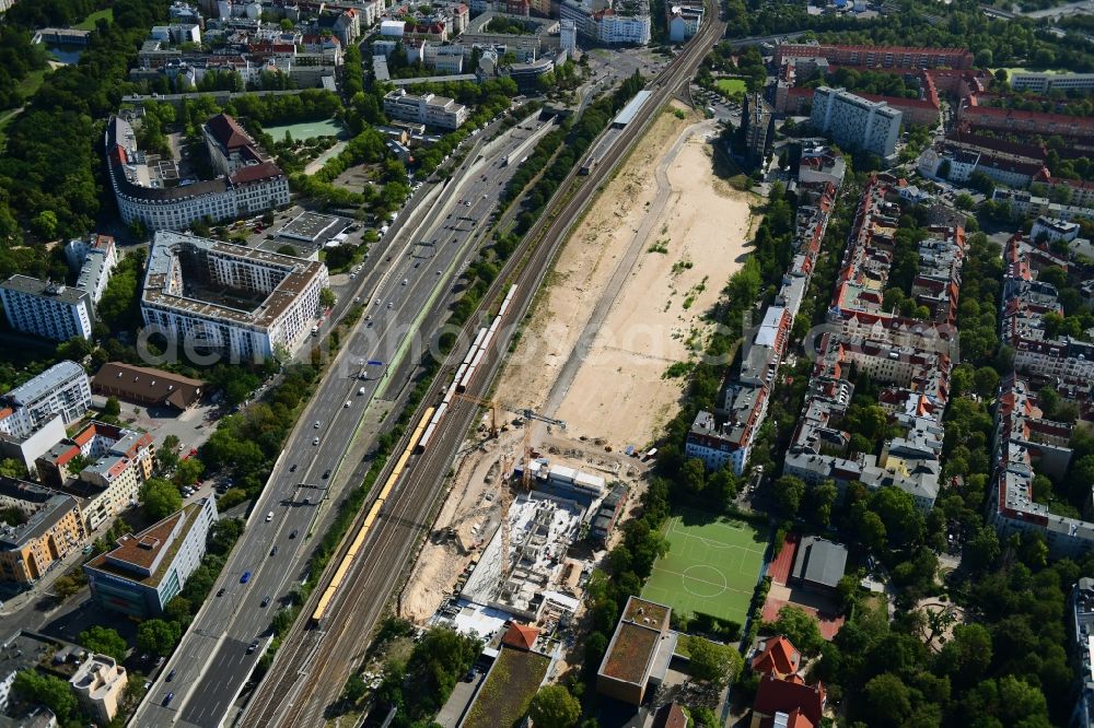 Berlin from the bird's eye view: Construction site to build a new multi-family residential complex Friedenauer Hoehe in the district Wilmersdorf in Berlin, Germany