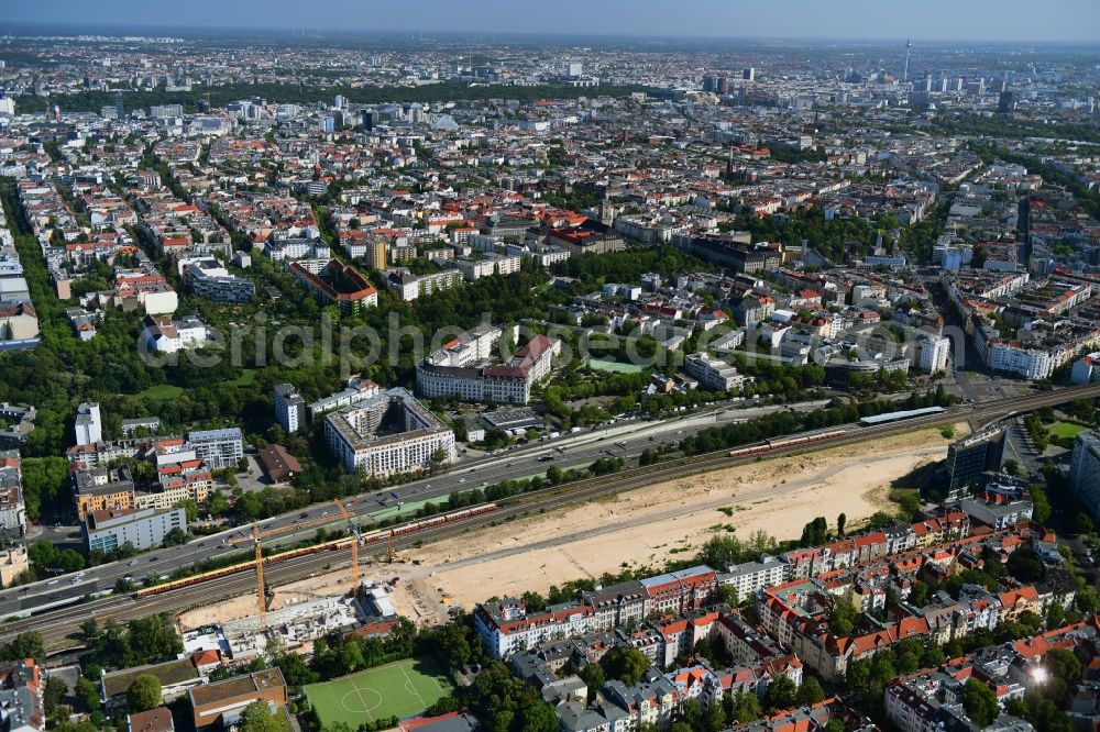 Berlin from above - Construction site to build a new multi-family residential complex Friedenauer Hoehe in the district Wilmersdorf in Berlin, Germany