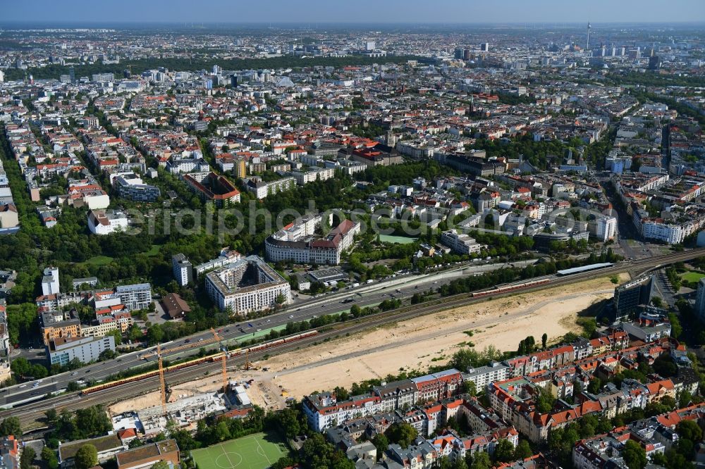 Berlin from the bird's eye view: Construction site to build a new multi-family residential complex Friedenauer Hoehe in the district Wilmersdorf in Berlin, Germany