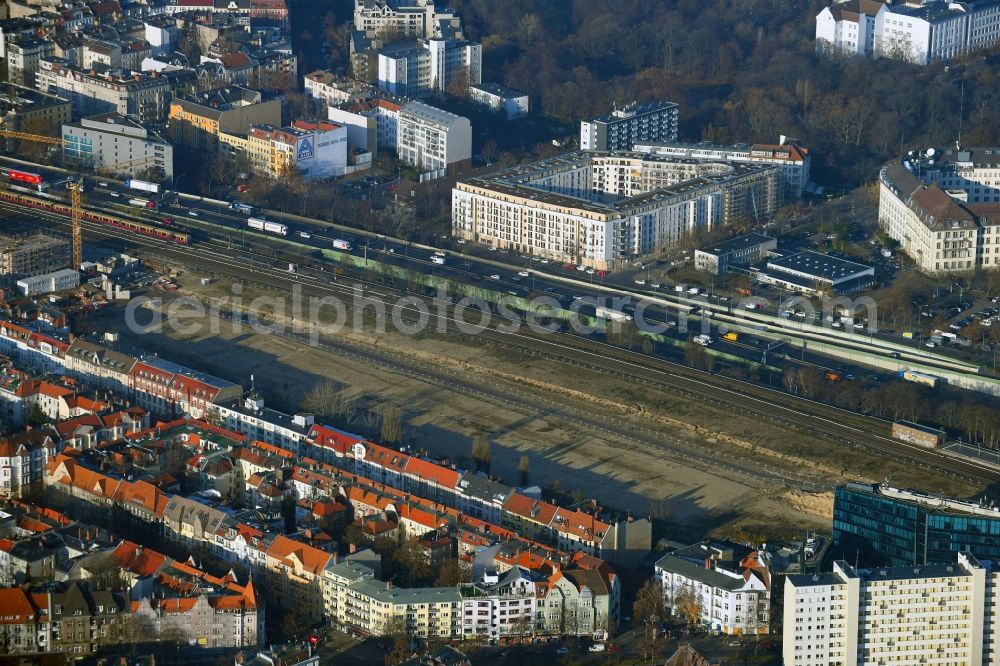 Berlin from the bird's eye view: Construction site to build a new multi-family residential complex Friedenauer Hoehe in the district Wilmersdorf in Berlin, Germany