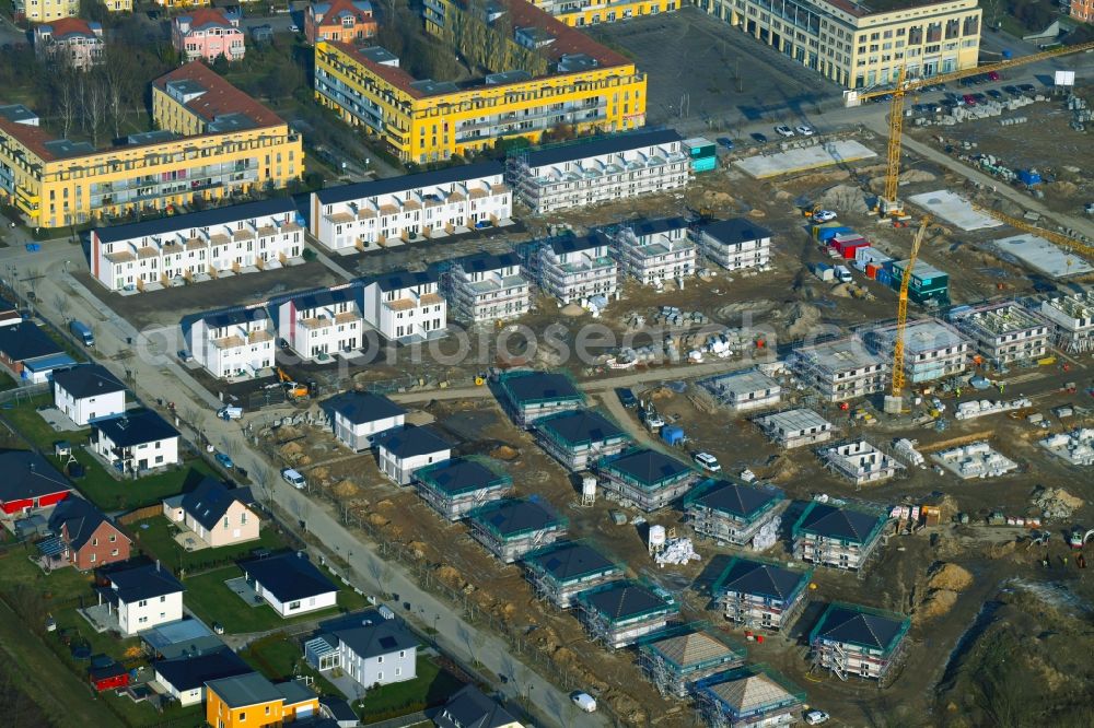 Aerial image Bernau - Construction site to build a new multi-family residential complex Friedenstaler Gaerten on Spreeallee - Havelstrasse in the district Friedenstal in Bernau in the state Brandenburg, Germany