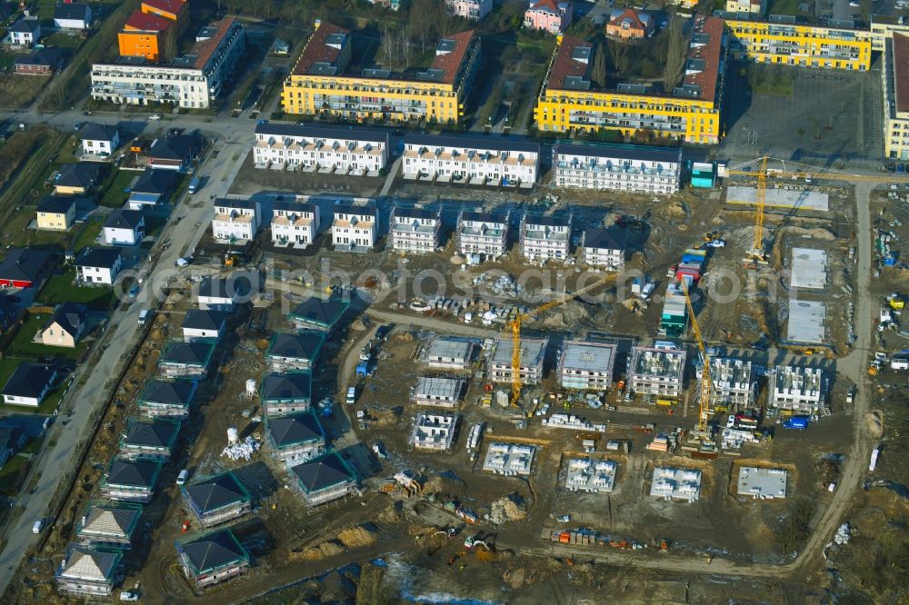 Aerial image Bernau - Construction site to build a new multi-family residential complex Friedenstaler Gaerten on Spreeallee - Havelstrasse in the district Friedenstal in Bernau in the state Brandenburg, Germany