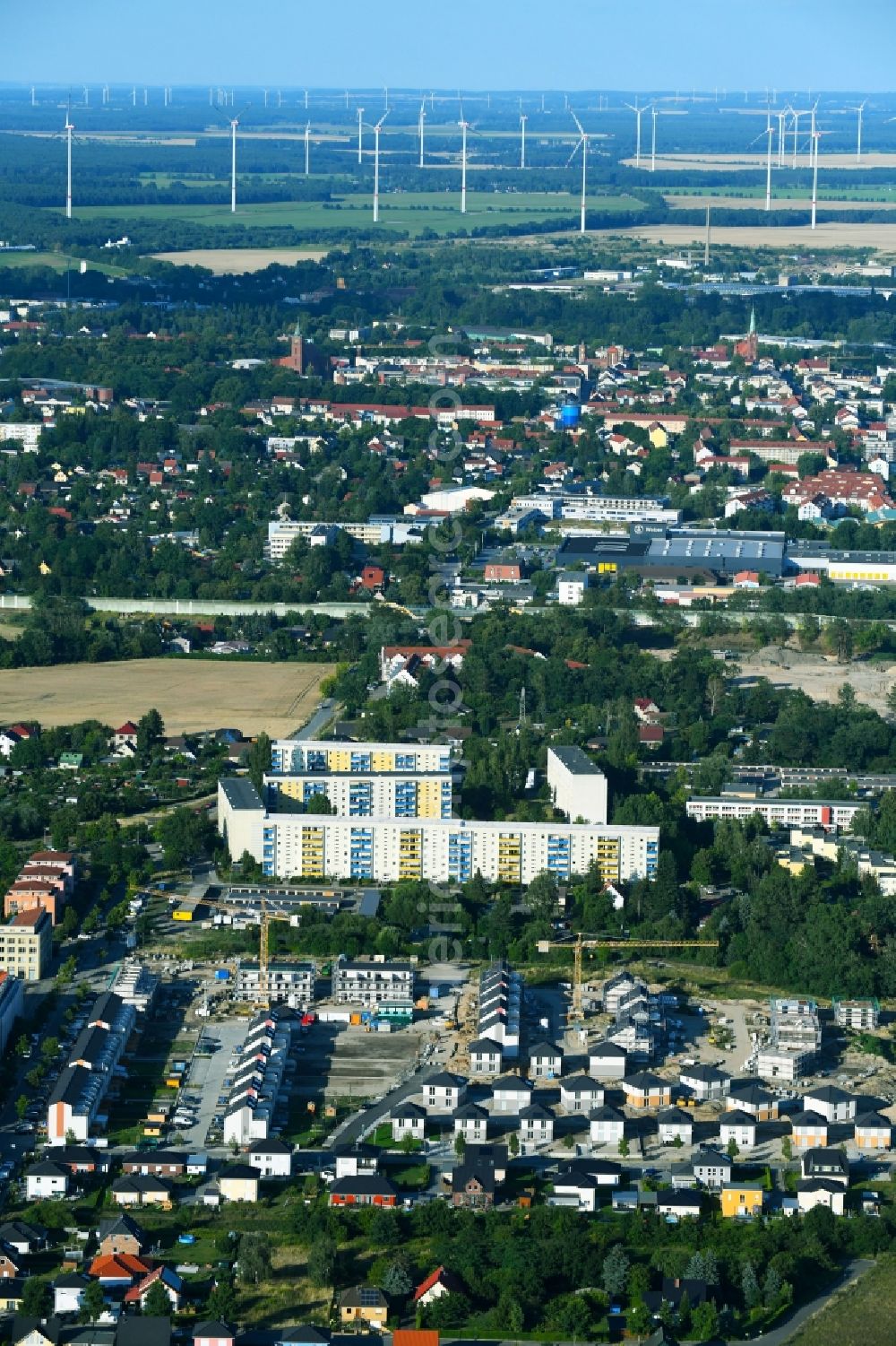 Aerial photograph Bernau - Construction site to build a new multi-family residential complex Friedenstaler Gaerten on Spreeallee - Havelstrasse in the district Friedenstal in Bernau in the state Brandenburg, Germany