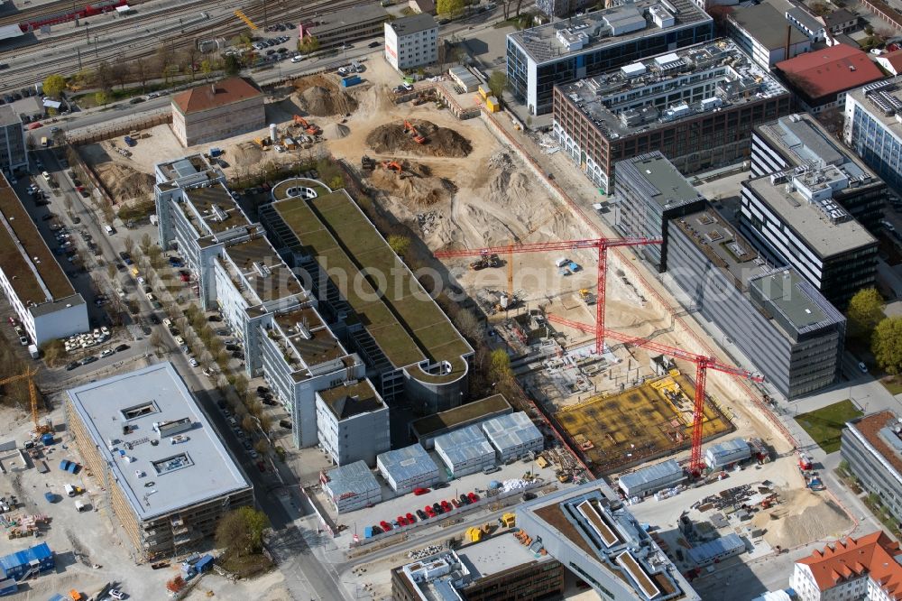 München from above - Construction site to build a new multi-family residential complex on Friedenstrasse - Muehldorfstrasse in the district Berg am Laim in Munich in the state Bavaria, Germany