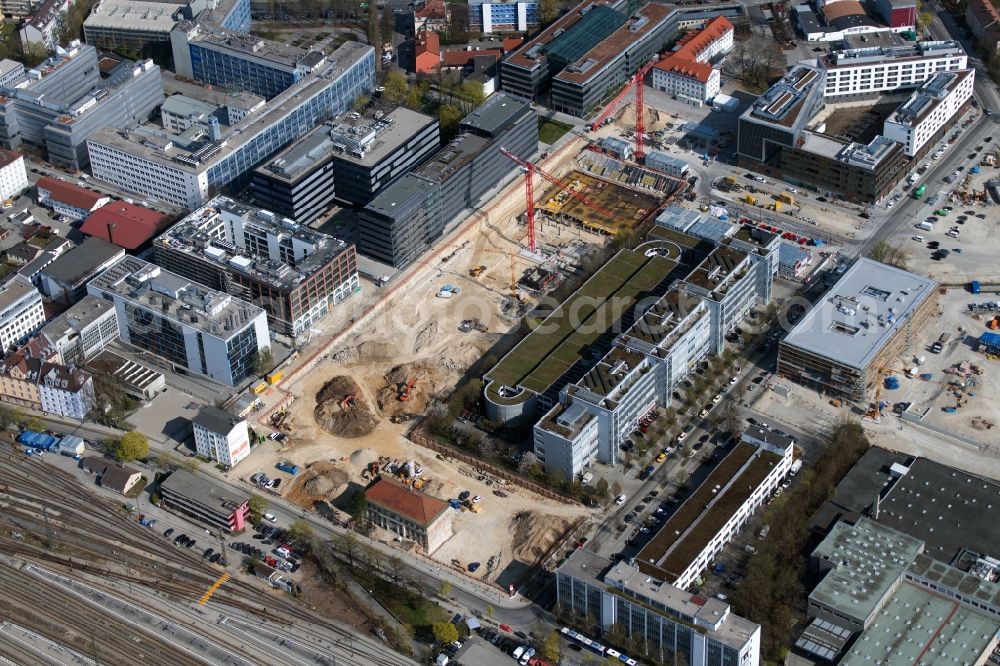 Aerial image München - Construction site to build a new multi-family residential complex on Friedenstrasse - Muehldorfstrasse in the district Berg am Laim in Munich in the state Bavaria, Germany