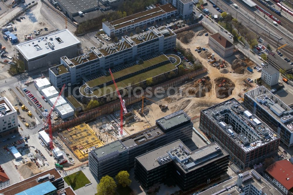 München from above - Construction site to build a new multi-family residential complex on Friedenstrasse - Muehldorfstrasse in the district Berg am Laim in Munich in the state Bavaria, Germany