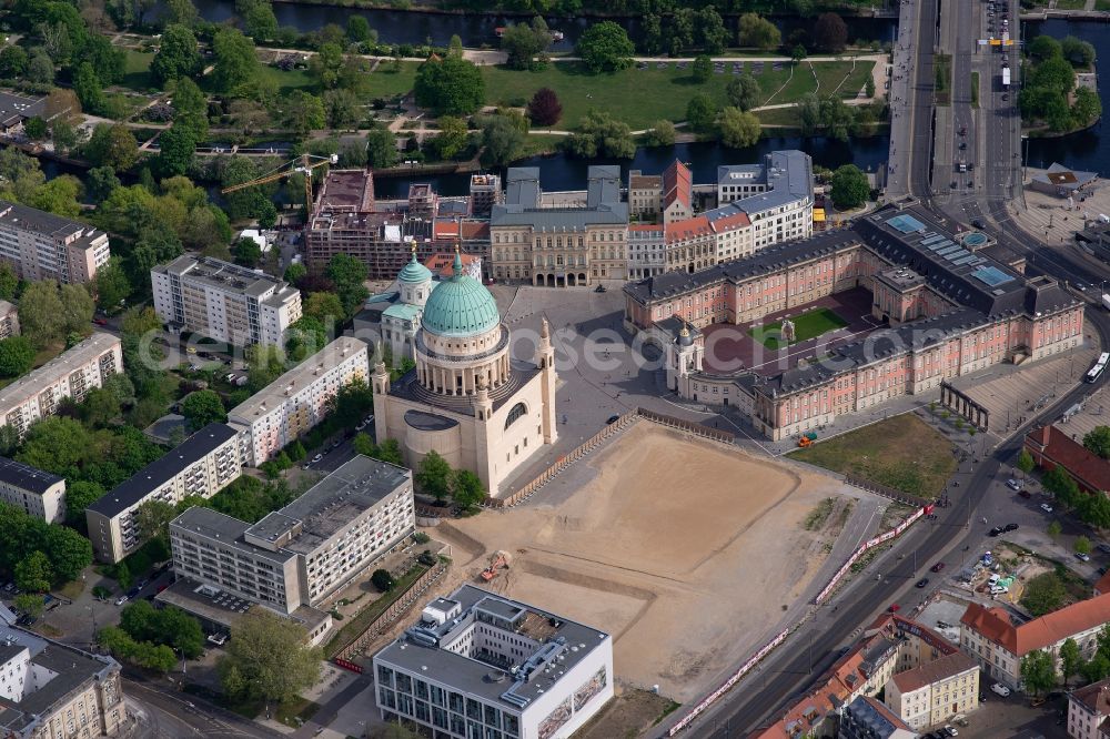 Potsdam from the bird's eye view: Construction site to build a new multi-family residential complex Friedrich-Ebert-Strasse in the district Innenstadt in Potsdam in the state Brandenburg, Germany