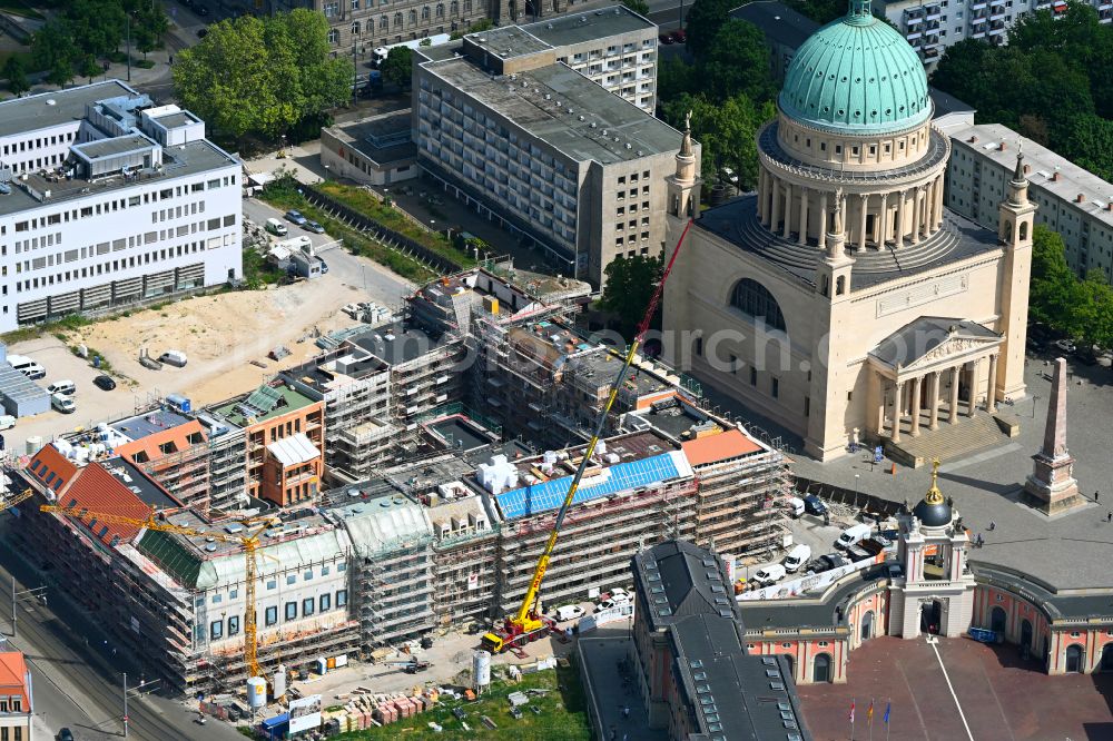 Potsdam from the bird's eye view: Construction site to build a new multi-family residential complex Friedrich-Ebert-Strasse on street Erika-Wolf-Strasse in the district Innenstadt in Potsdam in the state Brandenburg, Germany