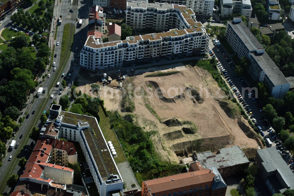 Berlin from above - Construction site to build a new multi-family residential complex Friedrichshain-Hoefe on Friedenstrasse, Pufendorfstrasse and Matthiasstrasse in the district Friedrichshain in Berlin, Germany