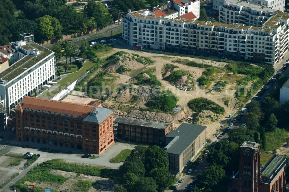 Aerial photograph Berlin - Construction site to build a new multi-family residential complex Friedrichshain-Hoefe on Friedenstrasse, Pufendorfstrasse and Matthiasstrasse in the district Friedrichshain in Berlin, Germany