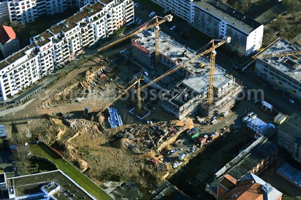 Berlin from above - Construction site to build a new multi-family residential complex Friedrichshain-Hoefe on Friedenstrasse, Pufendorfstrasse and Matthiasstrasse in the district Friedrichshain in Berlin, Germany