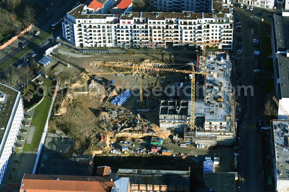 Aerial photograph Berlin - Construction site to build a new multi-family residential complex Friedrichshain-Hoefe on Friedenstrasse, Pufendorfstrasse and Matthiasstrasse in the district Friedrichshain in Berlin, Germany