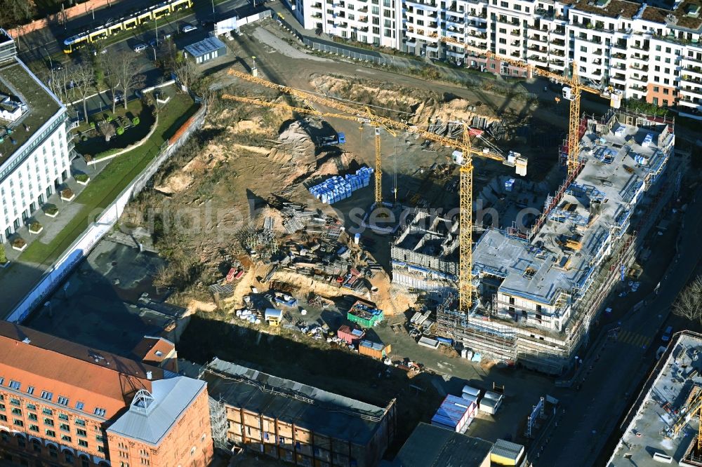 Berlin from above - Construction site to build a new multi-family residential complex Friedrichshain-Hoefe on Friedenstrasse, Pufendorfstrasse and Matthiasstrasse in the district Friedrichshain in Berlin, Germany