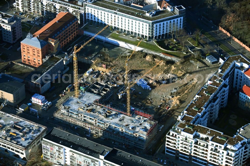 Berlin from above - Construction site to build a new multi-family residential complex Friedrichshain-Hoefe on Friedenstrasse, Pufendorfstrasse and Matthiasstrasse in the district Friedrichshain in Berlin, Germany