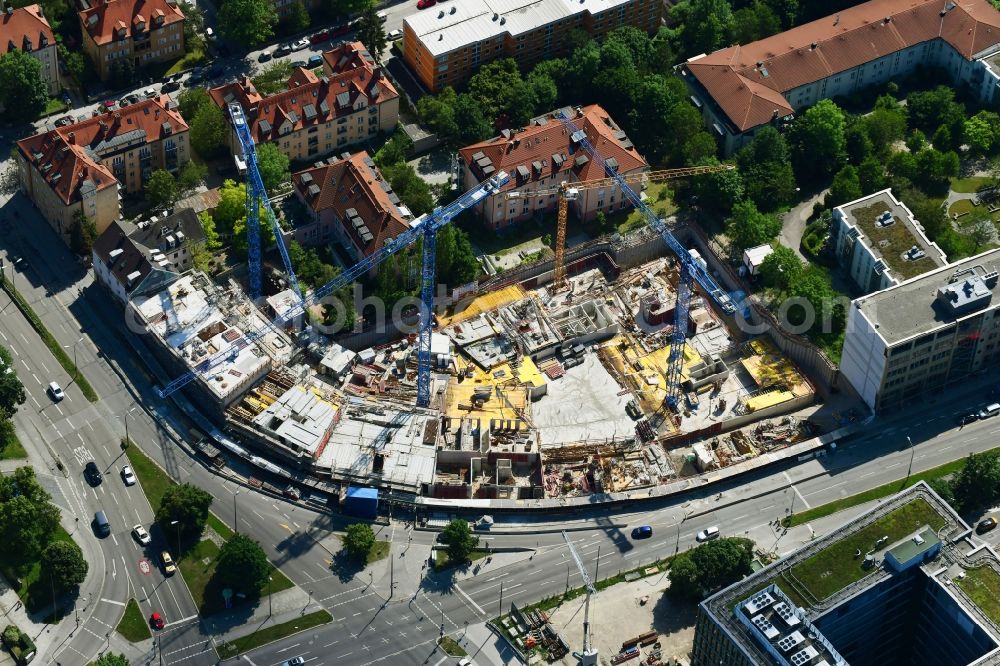 München from the bird's eye view: Construction site to build a new multi-family residential complex FUeRST of Baywobau Baubetreuung GmbH on Fuerstenrieof Strasse in the district Laim in Munich in the state Bavaria, Germany