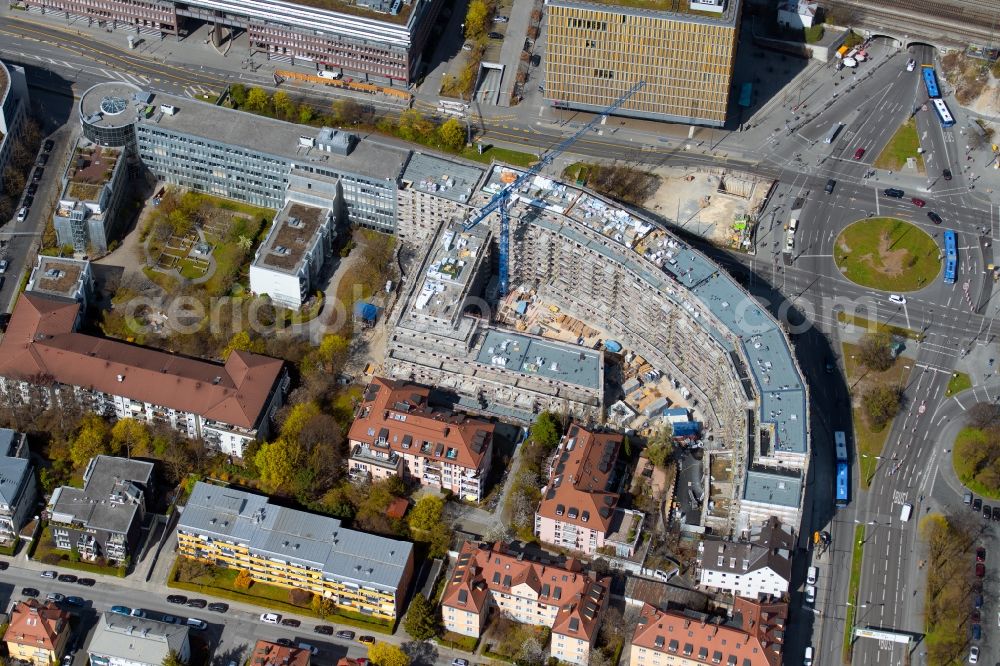 München from the bird's eye view: Construction site to build a new multi-family residential complex FUeRST of Baywobau Baubetreuung GmbH on Fuerstenrieof Strasse in the district Laim in Munich in the state Bavaria, Germany