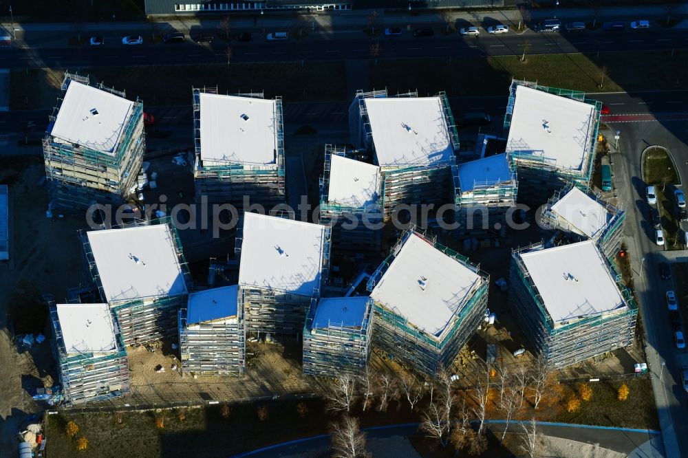 Berlin from the bird's eye view: Construction site to build a new multi-family residential complex a??Future Living Homesa?? between Gross-Berliner Damm - Konrad-Zuse-Strasse and Hermann-Dorner-Allee in the district Adlershof - Johannestal in Berlin, Germany