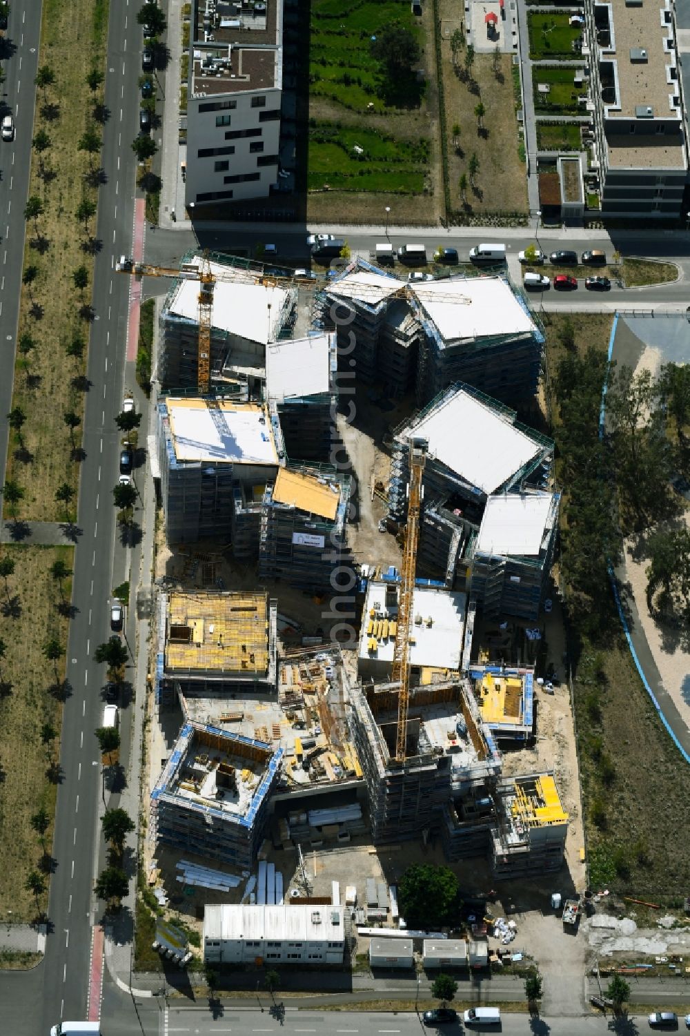 Aerial photograph Berlin - Construction site to build a new multi-family residential complex Future Living Homes between Gross-Berliner Damm - Konrad-Zuse-Strasse and Hermann-Dorner-Allee in the district Adlershof - Johannisthal in Berlin, Germany