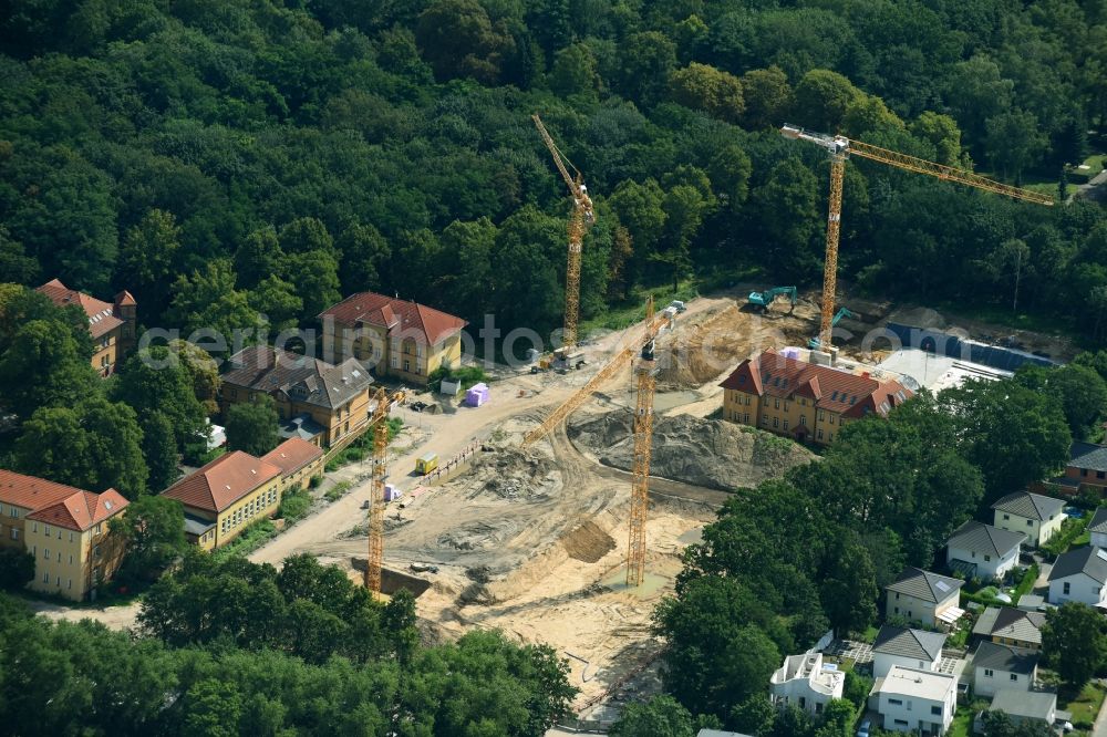 Berlin from above - Construction site for the construction of a multi-family house residential complex on the grounds of the former Kinderklinik Lindenhof on the Gotlindestrasse in the district of Lichtenberg in Berlin, Germany