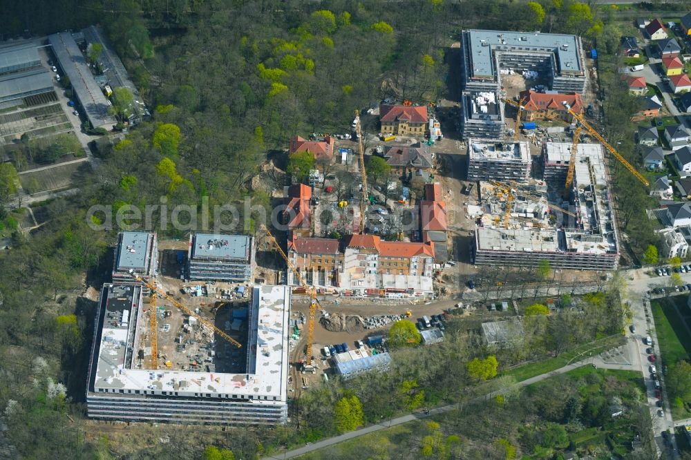 Berlin from above - Construction site for the construction of a multi-family house residential complex on the grounds of the former Kinderklinik Lindenhof on the Gotlindestrasse in the district of Lichtenberg in Berlin, Germany