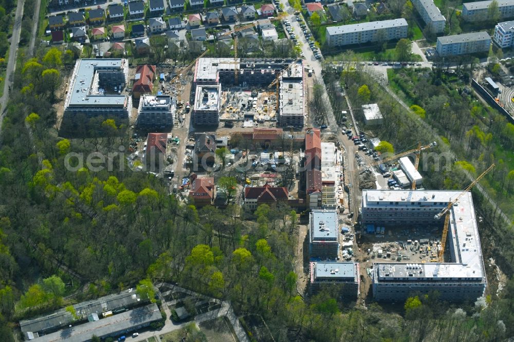 Berlin from the bird's eye view: Construction site for the construction of a multi-family house residential complex on the grounds of the former Kinderklinik Lindenhof on the Gotlindestrasse in the district of Lichtenberg in Berlin, Germany