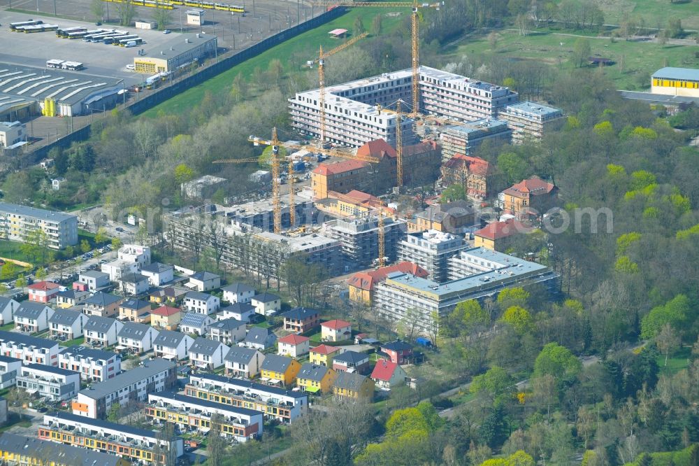 Berlin from above - Construction site for the construction of a multi-family house residential complex on the grounds of the former Kinderklinik Lindenhof on the Gotlindestrasse in the district of Lichtenberg in Berlin, Germany