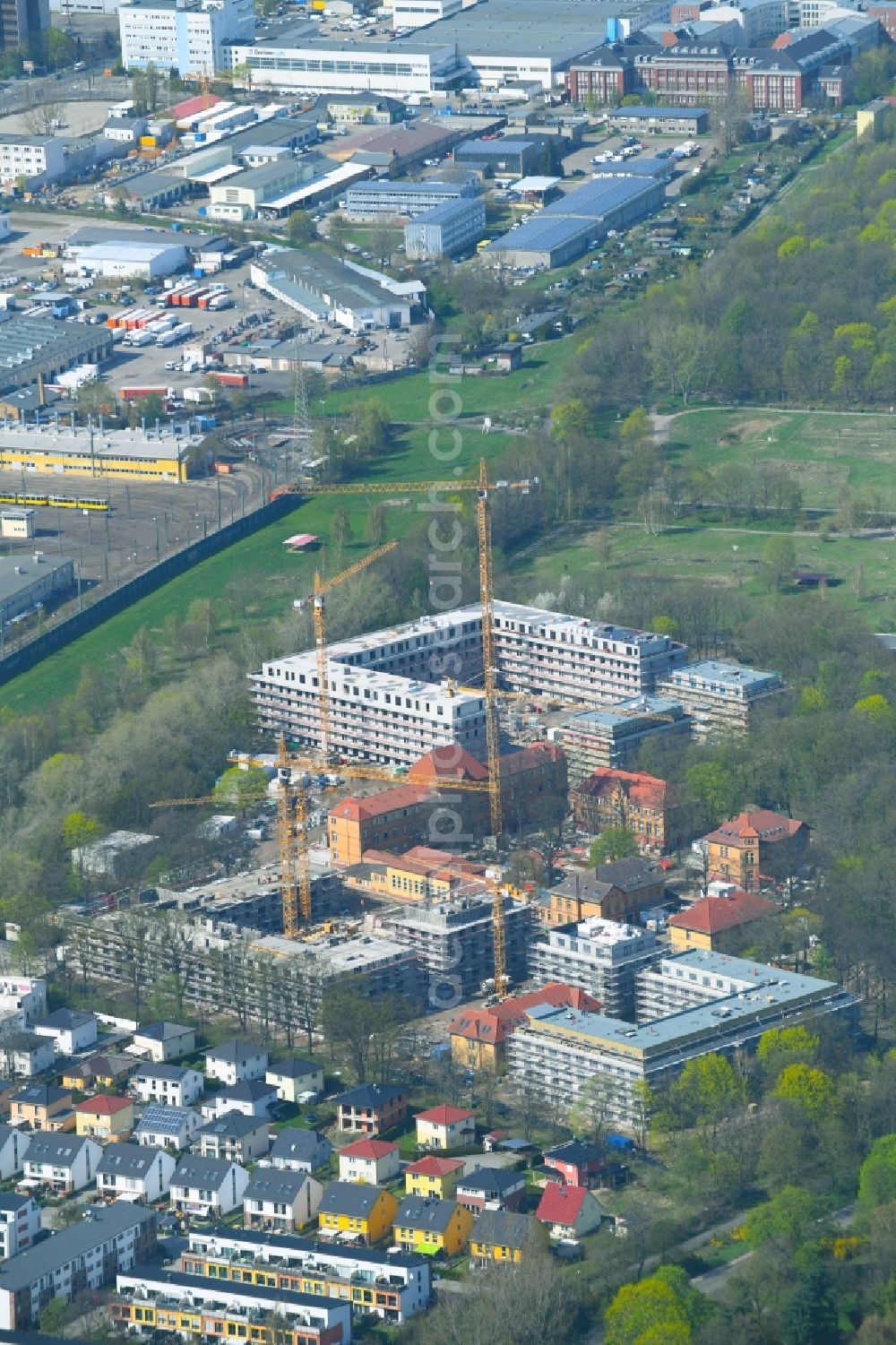 Aerial image Berlin - Construction site for the construction of a multi-family house residential complex on the grounds of the former Kinderklinik Lindenhof on the Gotlindestrasse in the district of Lichtenberg in Berlin, Germany