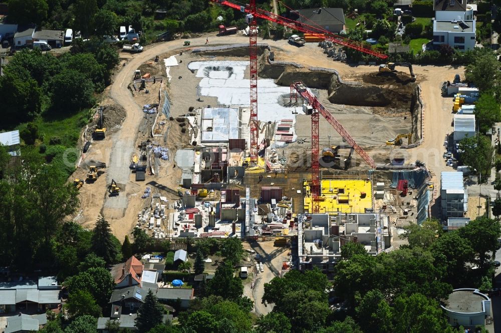 Berlin from above - Construction site to build a new multi-family residential complex Germanenstrasse - Gruenauer Strasse in the district Altglienicke in Berlin, Germany