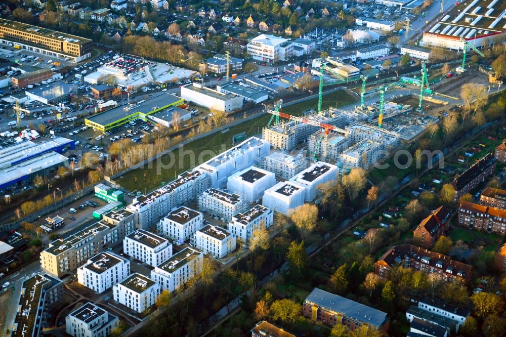 Hamburg from the bird's eye view: Construction site to build a new multi-family residential complex on Gert-Marcus-Strasse in the district Gross Borstel in Hamburg, Germany