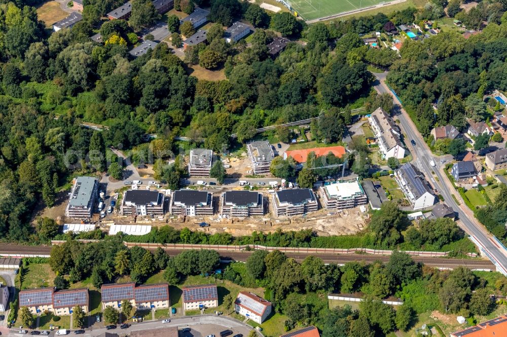 Bottrop from the bird's eye view: Construction site to build a new multi-family residential complex of Gesellschaft fuer Bauen and Wohnen Bottrop mbH Zum Haldenblick in Bottrop in the state North Rhine-Westphalia, Germany