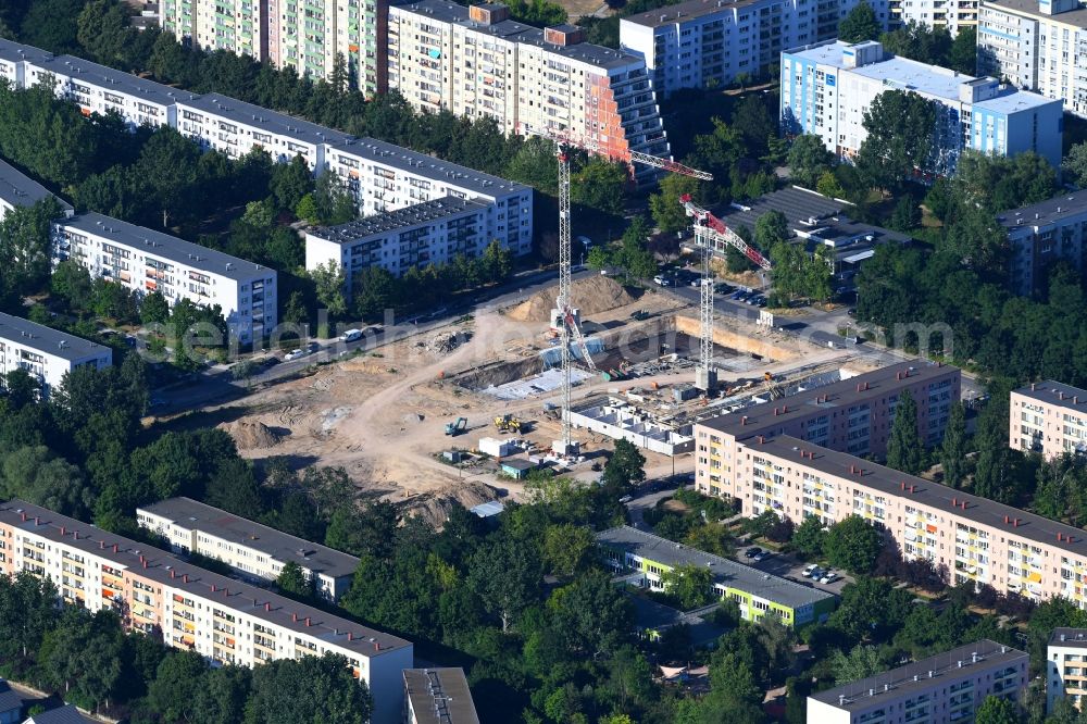 Berlin from above - Construction site to build a new multi-family residential complex of GESOBAU AG on Lion-Feuchtwanger-Strasse - Gadebuscher Strasse in the district Marzahn-Hellersdorf in Berlin, Germany