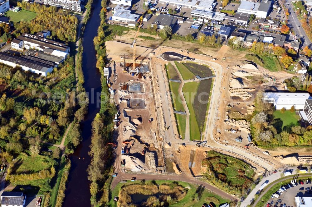 Hamburg from above - Construction site to build a new multi-family residential complex Glasblaeserhoefe on Schleusengraben in the district Bergedorf in Hamburg, Germany