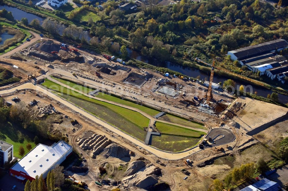 Hamburg from the bird's eye view: Construction site to build a new multi-family residential complex Glasblaeserhoefe on Schleusengraben in the district Bergedorf in Hamburg, Germany