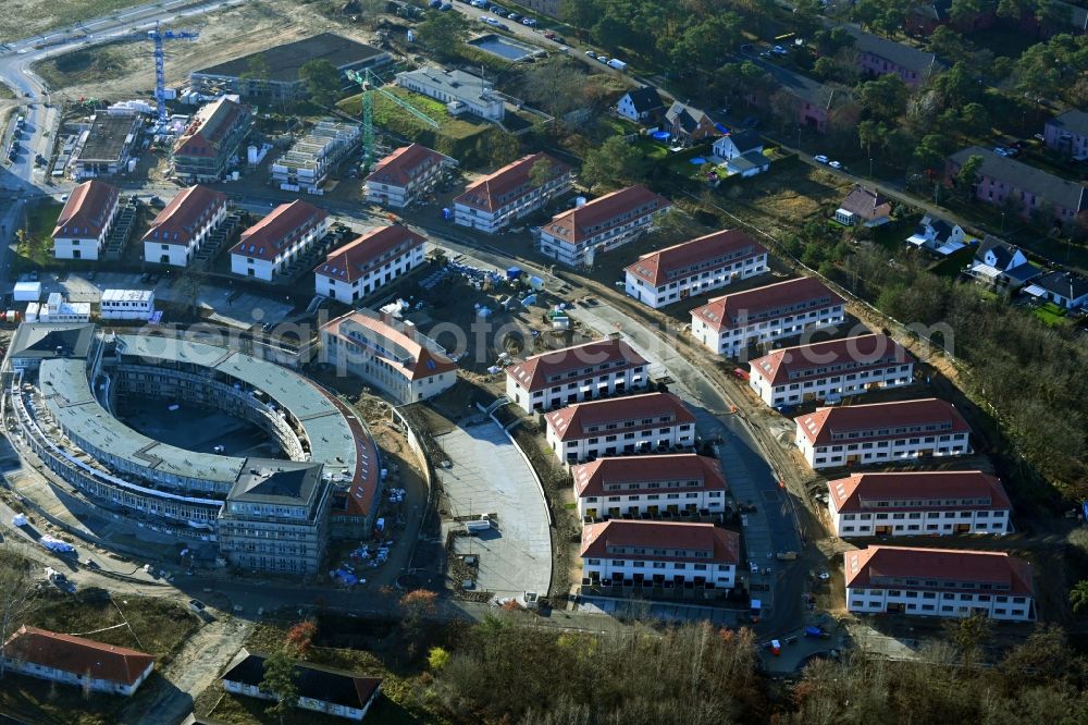 Wustermark from the bird's eye view: Construction site to build a new multi-family residential complex Gold- Gartenstadt Olympisches Dorf von 1936 in the district Elstal in Wustermark in the state Brandenburg, Germany