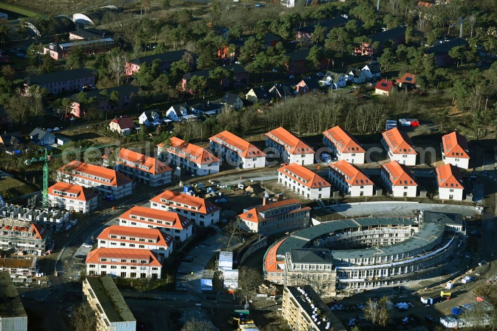 Wustermark from the bird's eye view: Construction site to build a new multi-family residential complex Gold- Gartenstadt Olympisches Dorf von 1936 in the district Elstal in Wustermark in the state Brandenburg, Germany