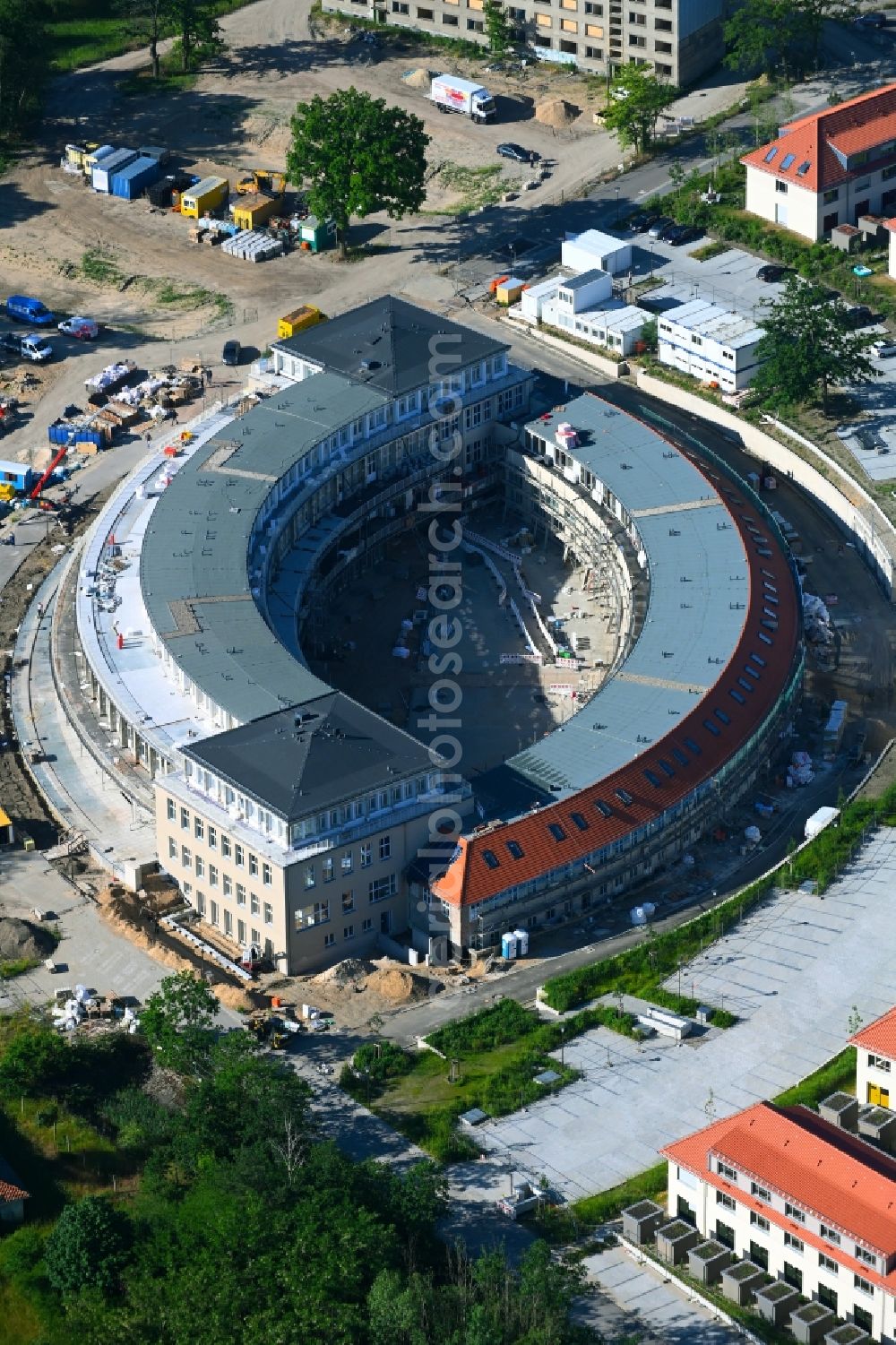 Aerial image Wustermark - Construction site to build a new multi-family residential complex Gold- Gartenstadt Olympisches Dorf von 1936 in the district Elstal in Wustermark in the state Brandenburg, Germany