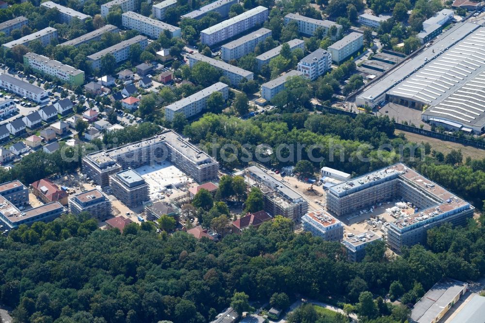 Berlin from above - Construction site for the construction of a multi-family house residential complex on the grounds of the former Kinderklinik Lindenhof on the Gotlindestrasse in the district of Lichtenberg in Berlin, Germany