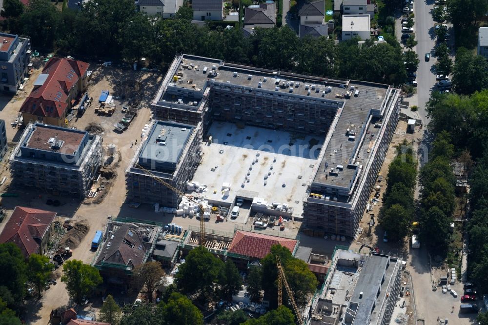 Berlin from above - Construction site for the construction of a multi-family house residential complex on the grounds of the former Kinderklinik Lindenhof on the Gotlindestrasse in the district of Lichtenberg in Berlin, Germany