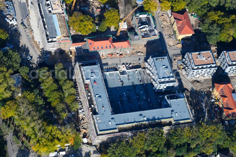 Berlin from above - Construction site for the construction of a multi-family house residential complex on the grounds of the former Kinderklinik Lindenhof on the Gotlindestrasse in the district of Lichtenberg in Berlin, Germany