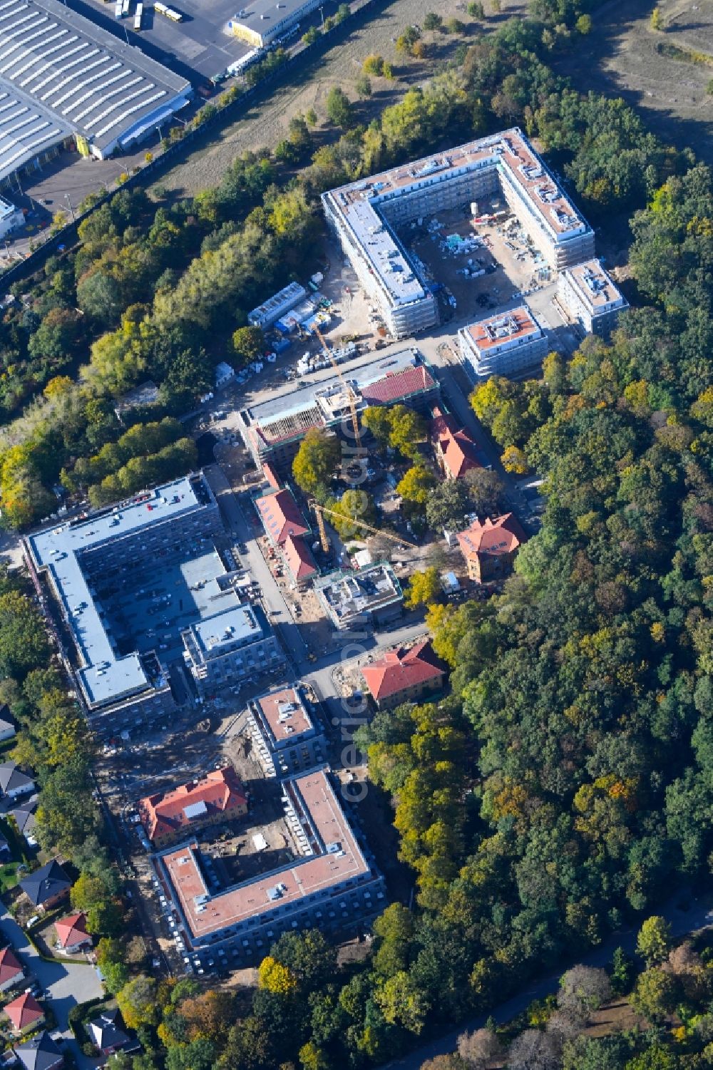 Berlin from above - Construction site for the construction of a multi-family house residential complex on the grounds of the former Kinderklinik Lindenhof on the Gotlindestrasse in the district of Lichtenberg in Berlin, Germany