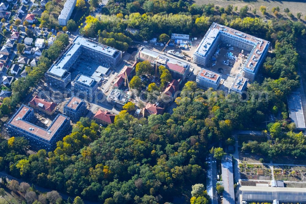 Berlin from above - Construction site for the construction of a multi-family house residential complex on the grounds of the former Kinderklinik Lindenhof on the Gotlindestrasse in the district of Lichtenberg in Berlin, Germany