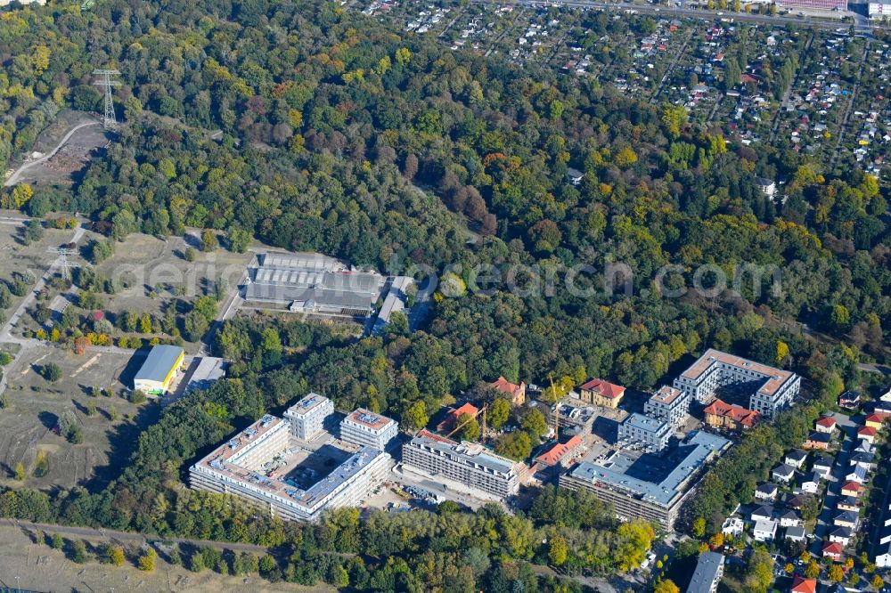 Berlin from above - Construction site for the construction of a multi-family house residential complex on the grounds of the former Kinderklinik Lindenhof on the Gotlindestrasse in the district of Lichtenberg in Berlin, Germany