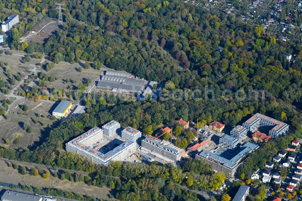 Berlin from the bird's eye view: Construction site for the construction of a multi-family house residential complex on the grounds of the former Kinderklinik Lindenhof on the Gotlindestrasse in the district of Lichtenberg in Berlin, Germany