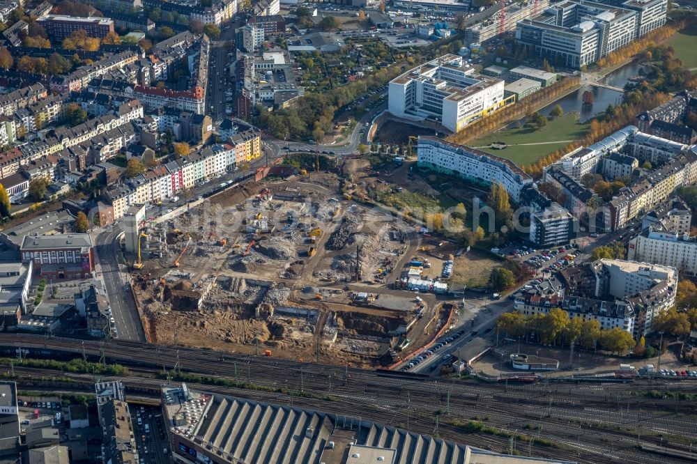 Düsseldorf from the bird's eye view: Construction site to build a new multi-family residential complex Grand Central in the district Oberbilk in Duesseldorf in the state North Rhine-Westphalia, Germany