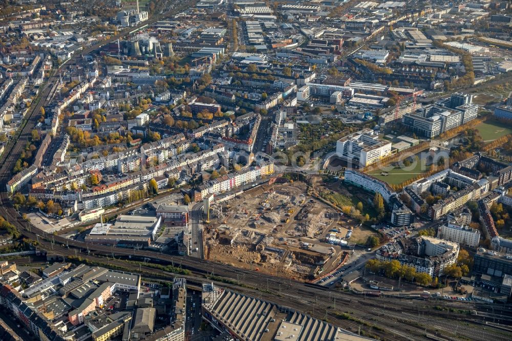 Aerial image Düsseldorf - Construction site to build a new multi-family residential complex Grand Central in the district Oberbilk in Duesseldorf in the state North Rhine-Westphalia, Germany